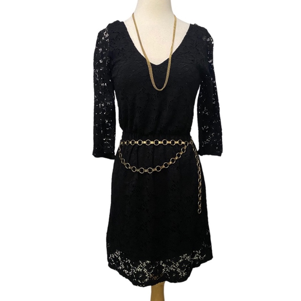 Offer   Love Notes black 3/4 sleeve see thru lace v neck lined mini dress M